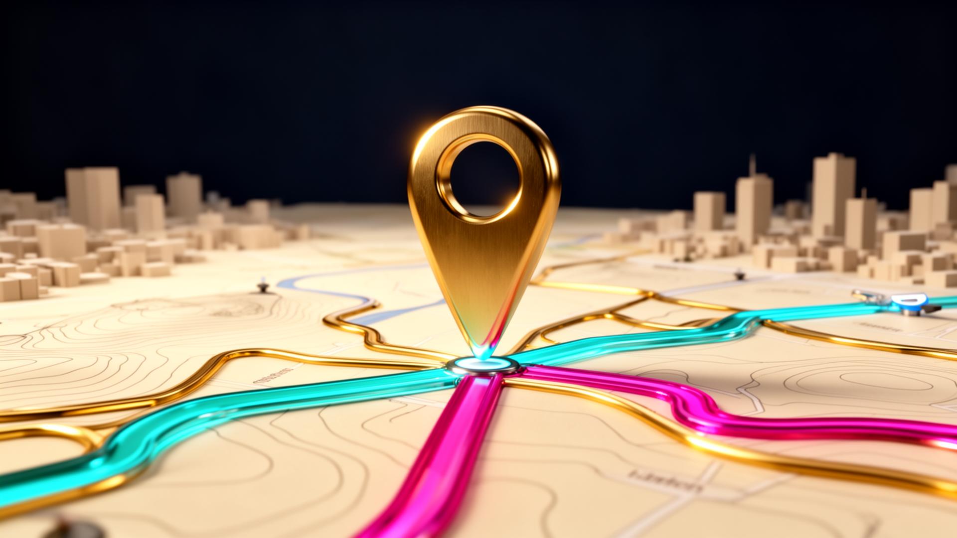 Cinematic 3D golden GPS pin standing on a navigation map with glowing turquoise, gold, and fuchsia routes