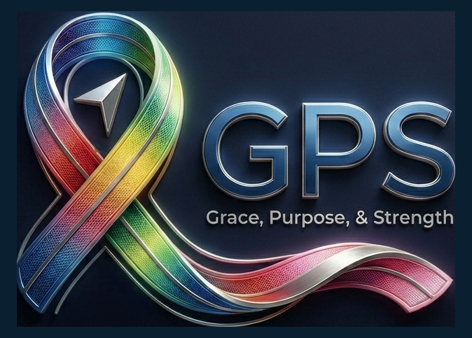 G.P.S. — Grace, Purpose & Strength logo: a 3D rainbow cancer ribbon with a compass arrow inside, on deep navy